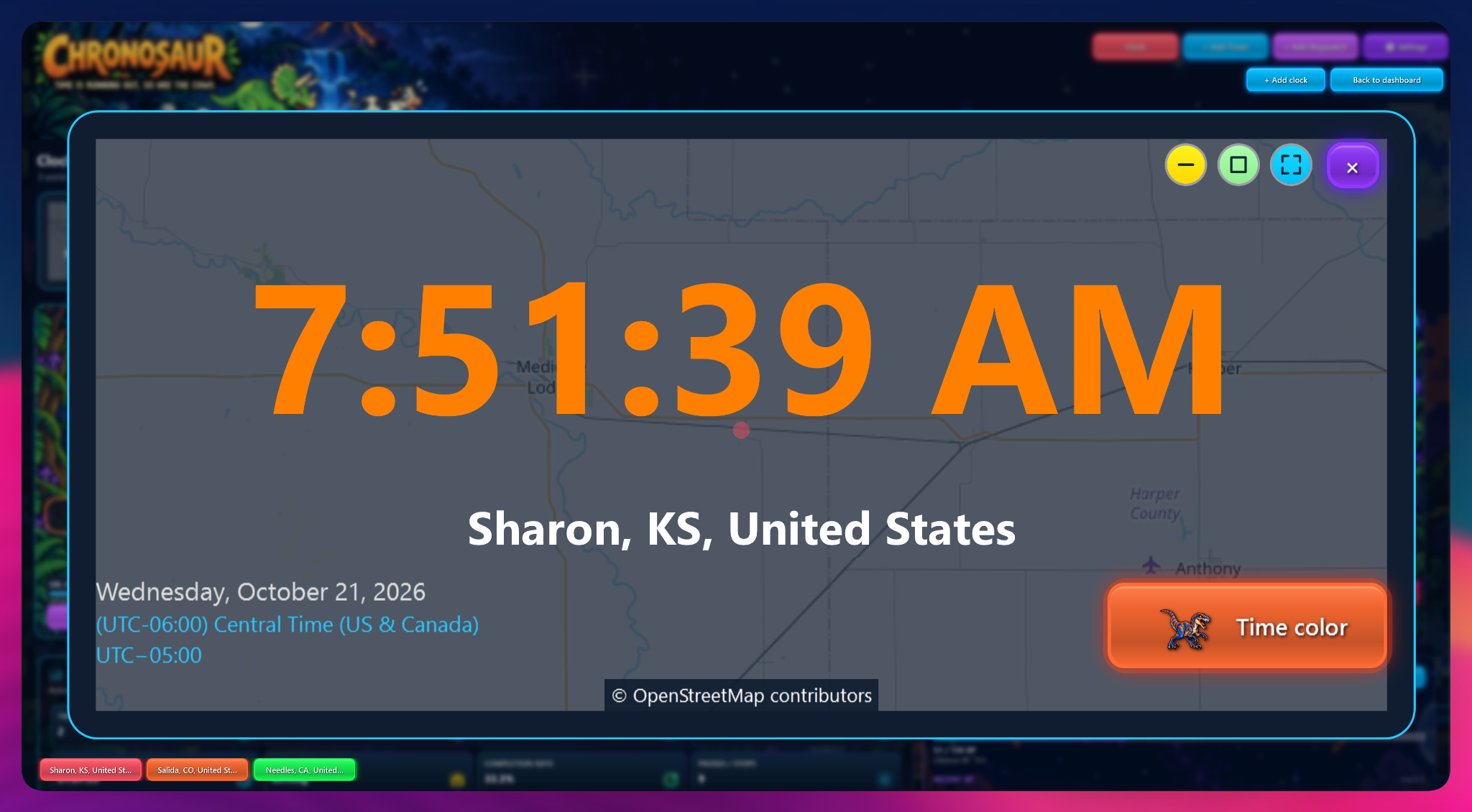 Chronosaur world clock with a map and customizable time color