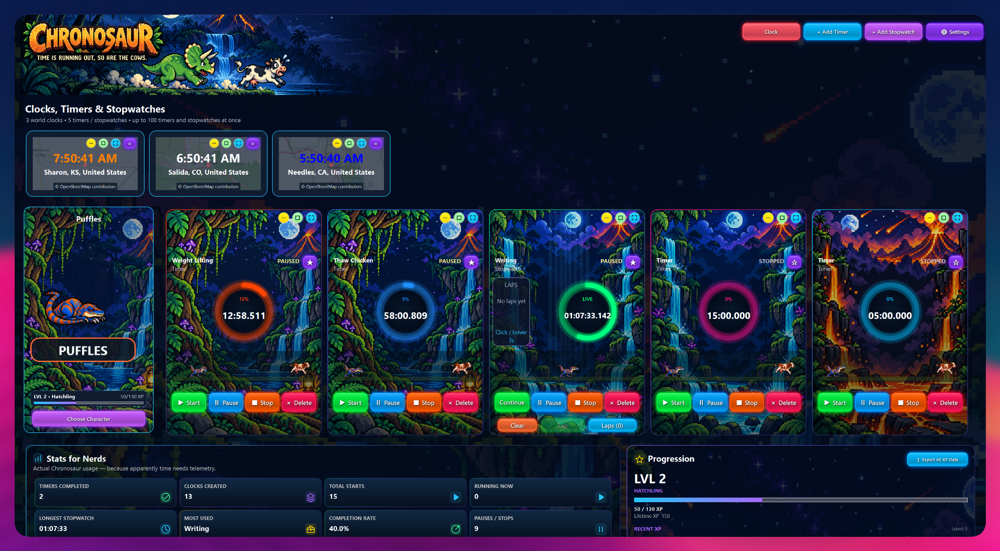 Chronosaur dashboard with colorful timers, world clocks, and a dinosaur companion