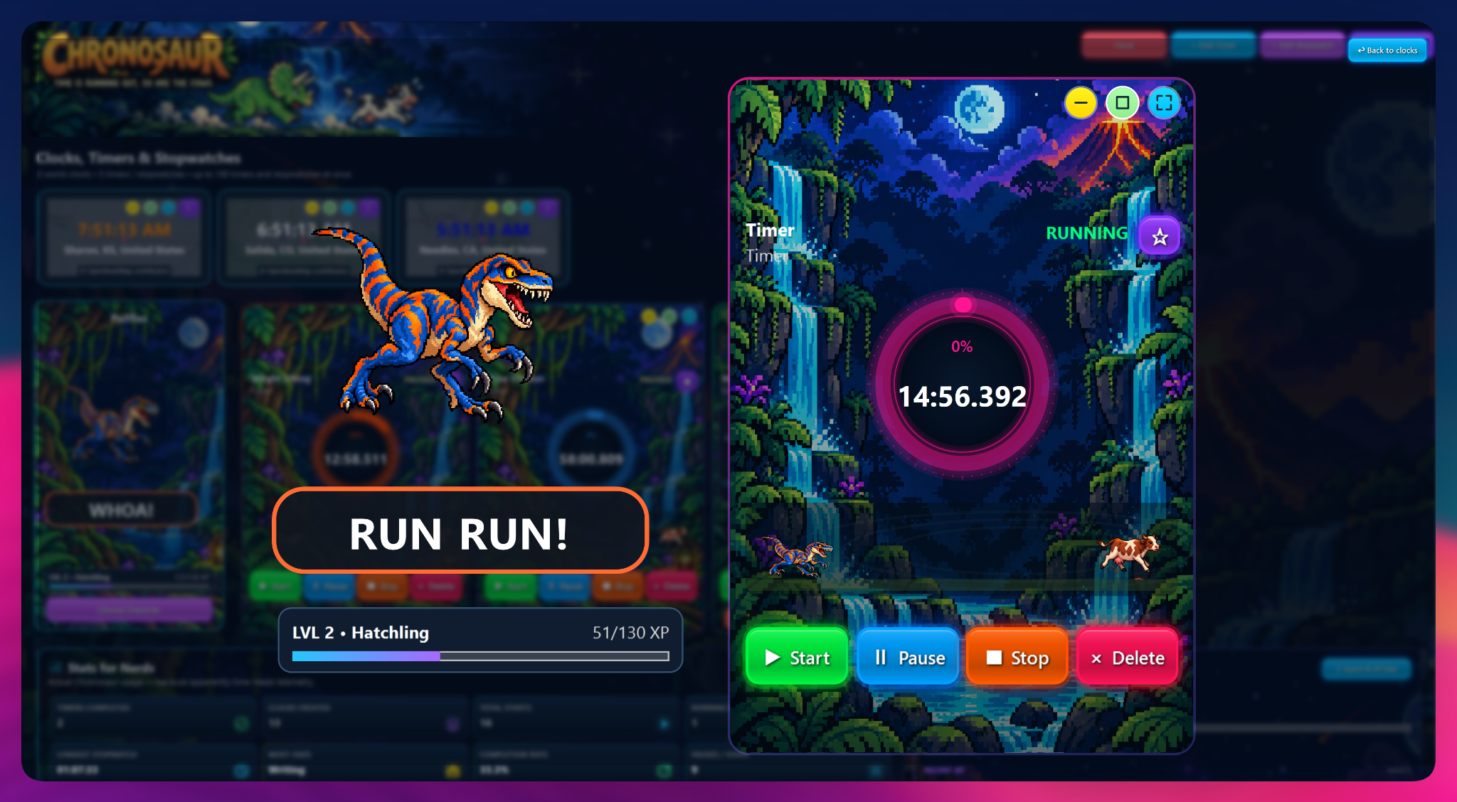 Chronosaur dinosaur companion beside a colorful running timer